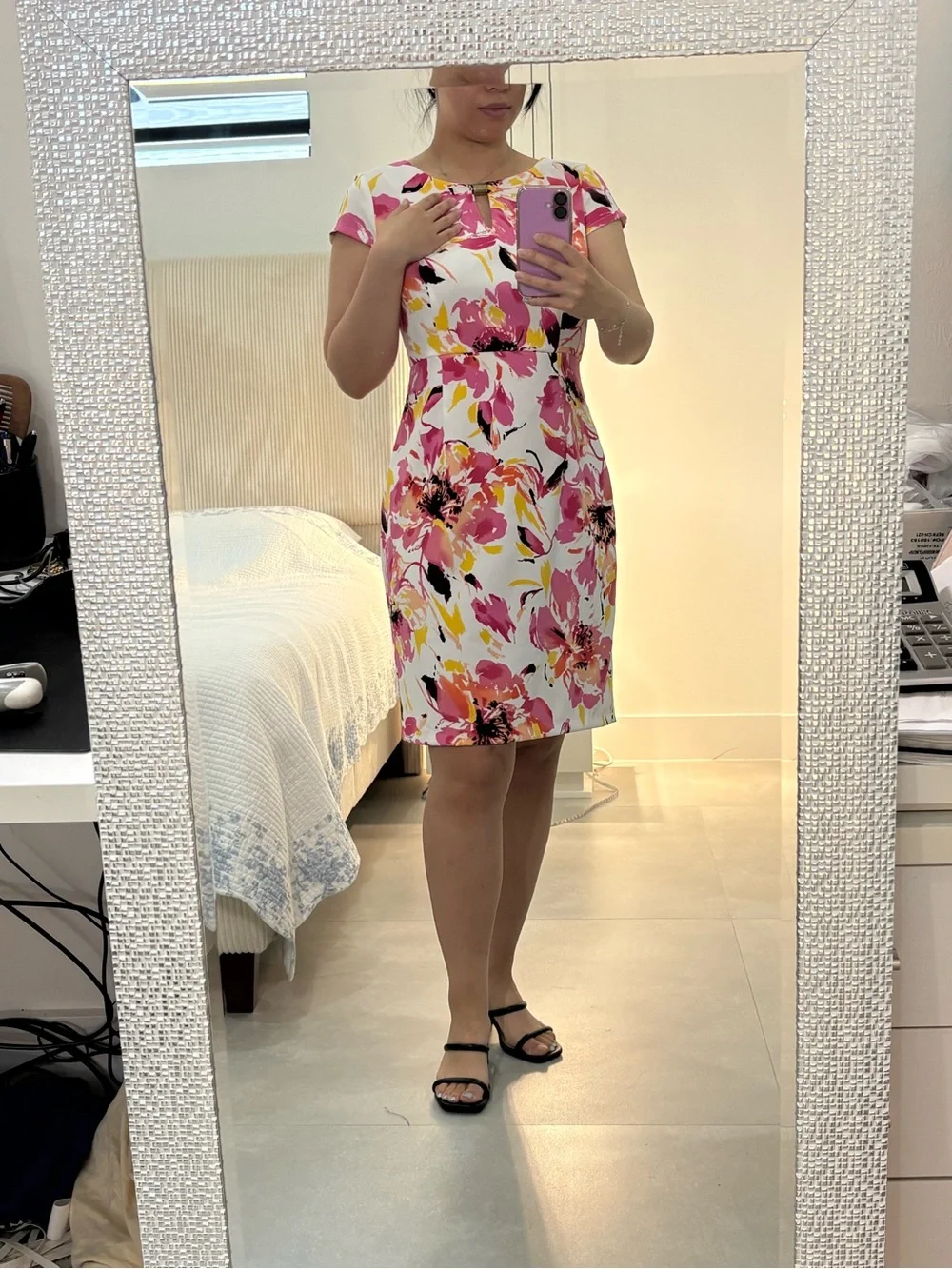 Floral Cap-Sleeve Sheath Dress in Pink & Yellow